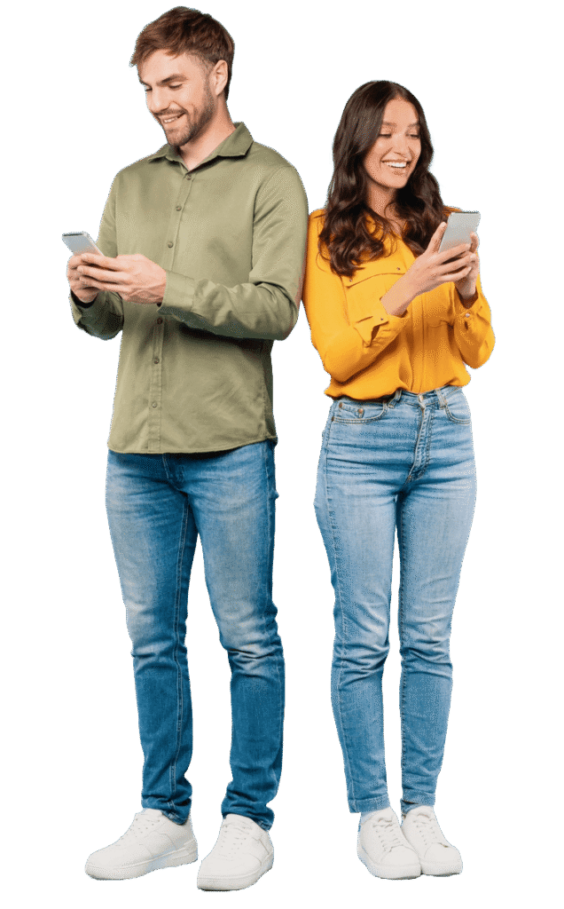 Man And Woman Texting On Phones Digitally Connecte Hnvm8gg