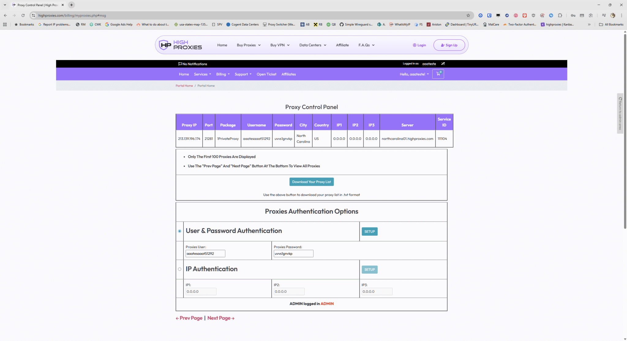 HighProxies Proxy Control Panel Screenshot