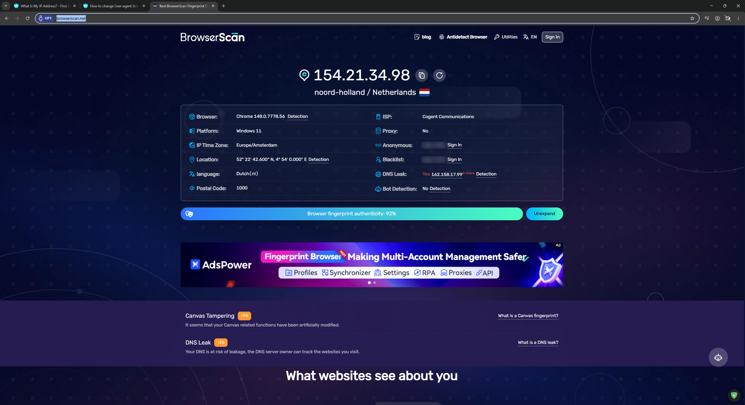 browserscan security analysis confirming linken sphere socks5 configuration