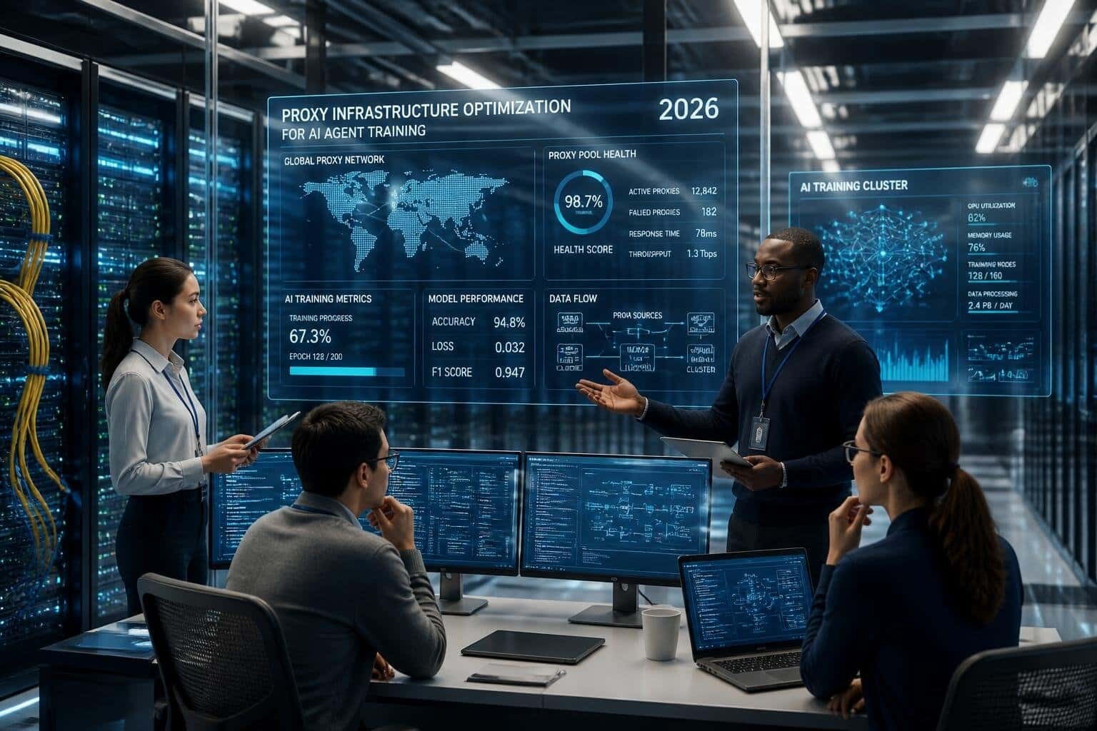 A team of IT professionals working in a modern data center with server racks and digital screens showing network and AI data.