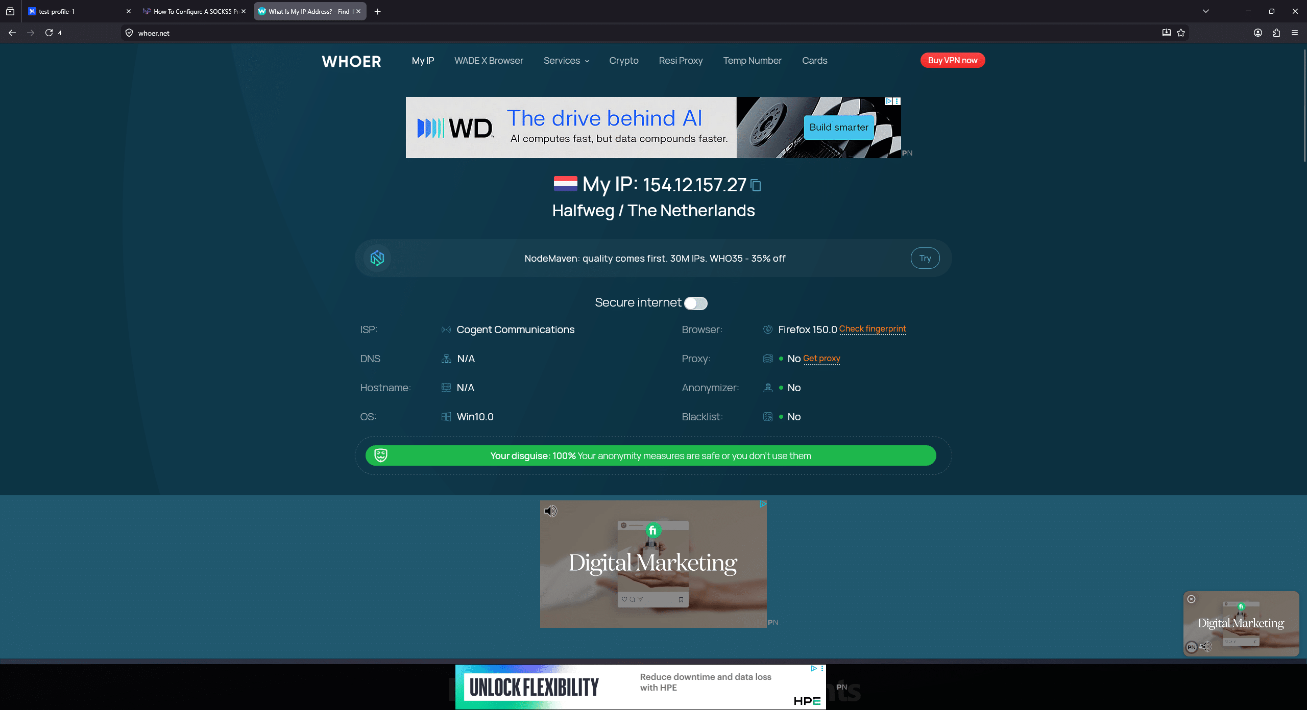 whoer ip check showing the http proxy ip and netherlands location inside an adspower profile
