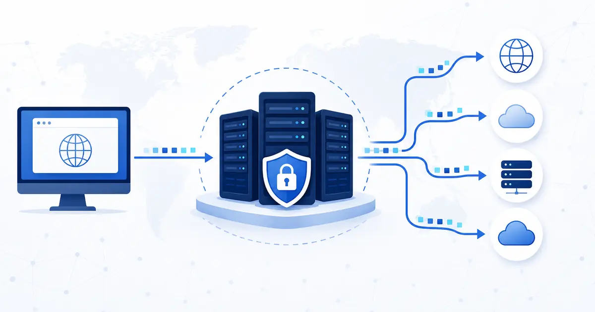 Diagram showing how datacenter proxies route internet requests