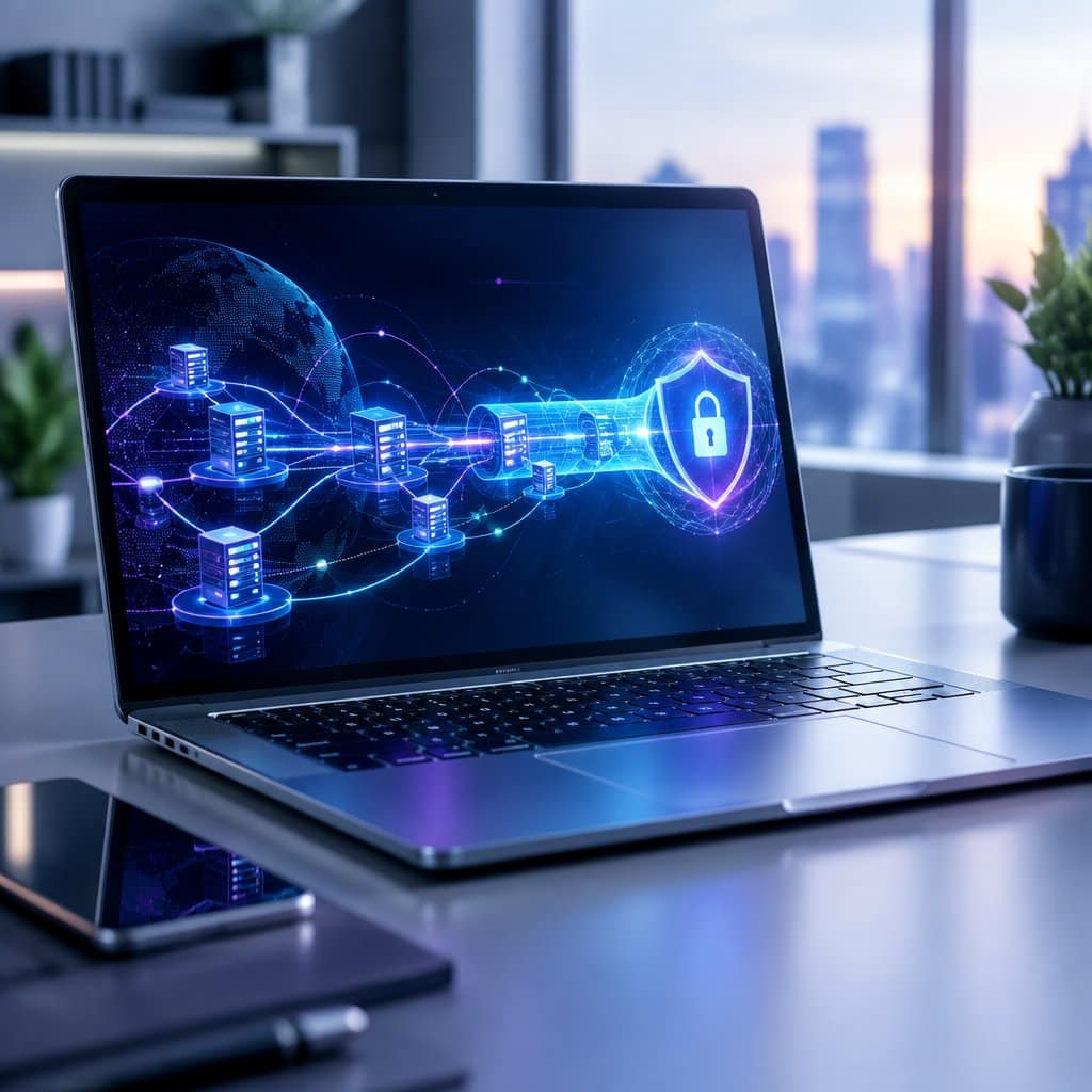 highproxies blog | proxy guides & scraping tips 4 a laptop displays a glowing secure network connection passing through multiple server nodes.